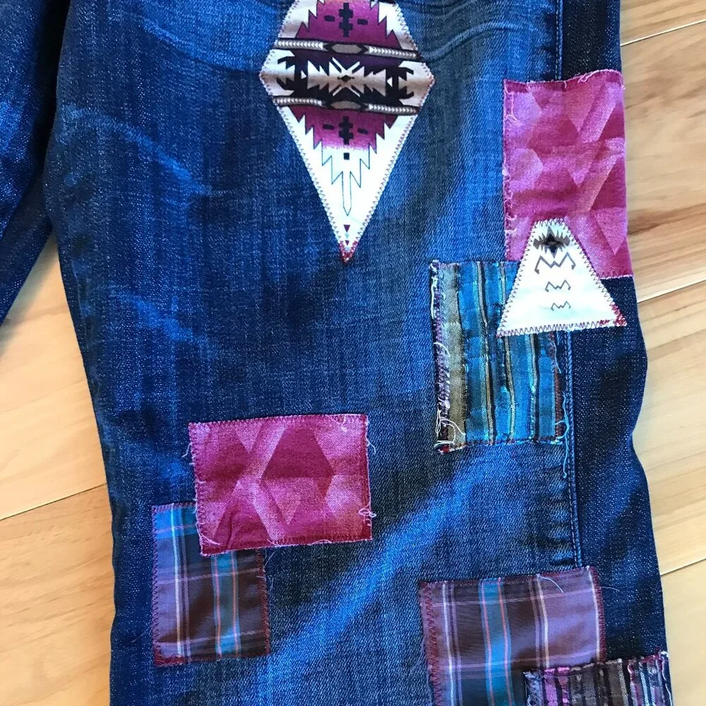 Upcycled Southwest Aztec Patchwork Denim Capris, Western Gauchos Size 7-8